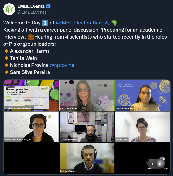 tweet from EMBL Events with a screenshot of zoom screen with multiple people in the meeting