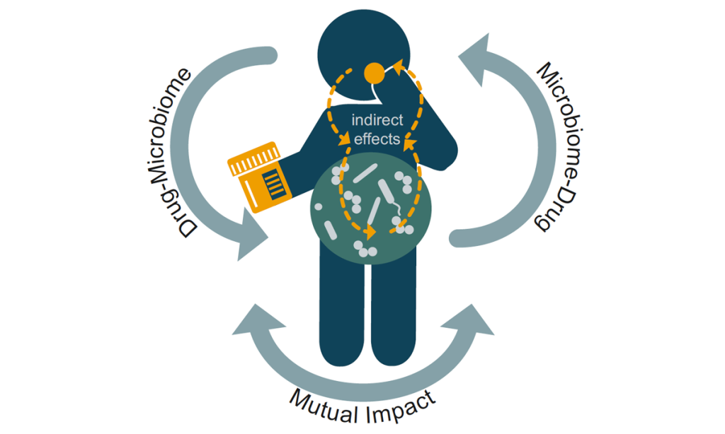 info graphic showing an overview on the drug–microbiome–host triad and their interactions