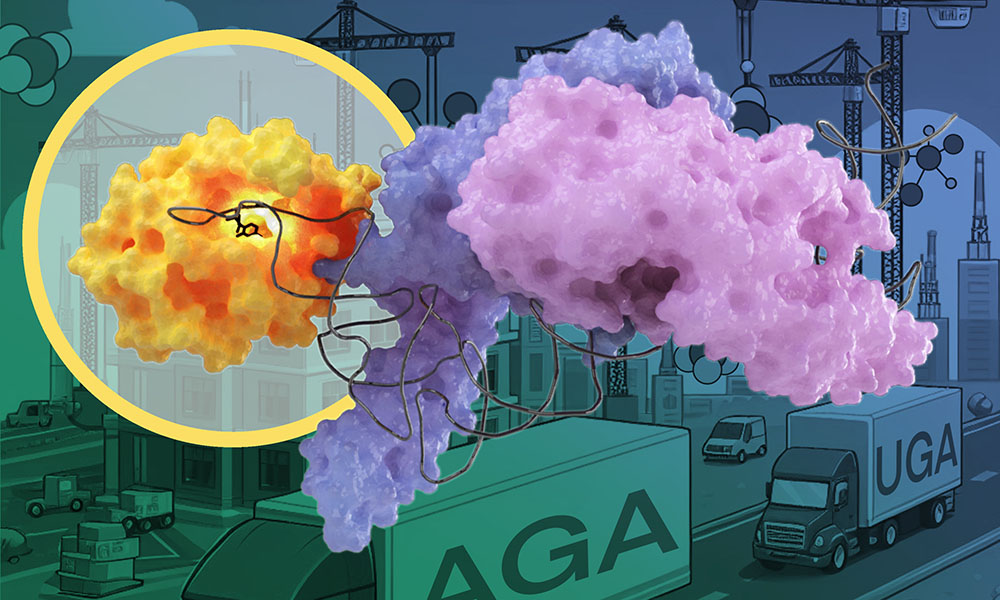 In the front, a 3D model of three molecules bound together: METTL6 in (orange), serine tRNA synthetase in (shades of lilac) and serine tRNA (black). In the background an illustration of a construction site. Two trucks with ‘UGA’ and ‘AGA’ written on them are visible at the bottom.