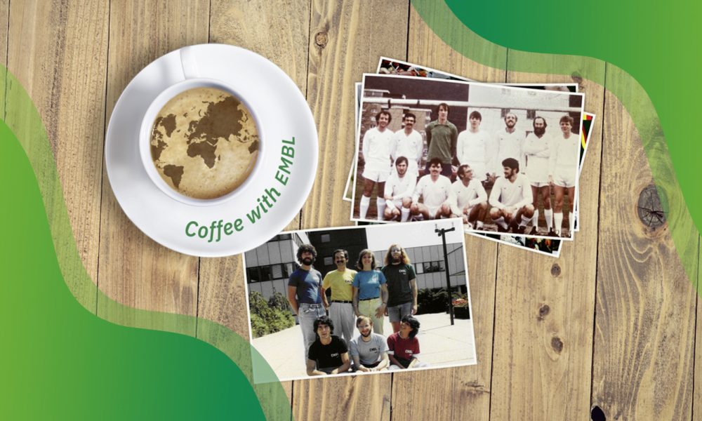 A coffee mug on a table, with photographs nearby. The photos show pictures from the 1970s and 1980s, with a football team and a scientific research team represented.