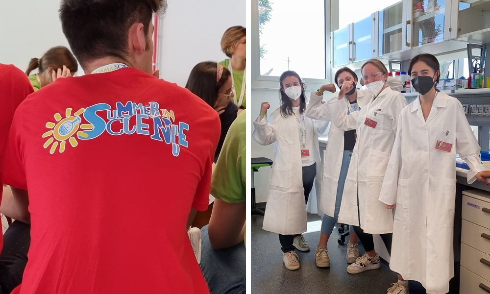 Two photos side by side. (left) the back of a teen in a red t-shirt; (right) four students in lab coats in a lab