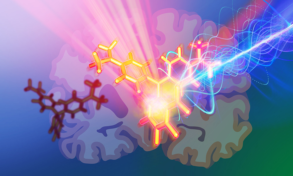 In the foreground is a photoacoustic dye from the red end of the visible spectrum that is 'turned on'. It produces an ultrasound emission that can be detected and measured. A dye that is 'turned off' is shown in the left background.