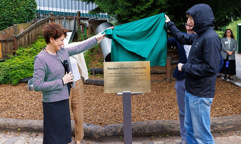 People gather around a new plaque in honour of Suzanne Eaton