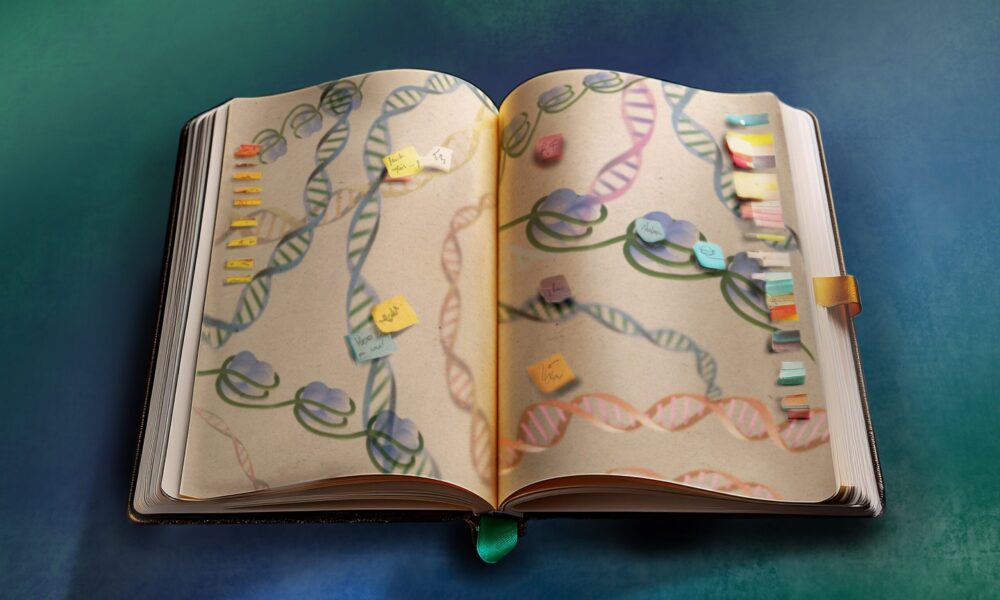 An open book with its pages showing the image of overlapping strands of DNA with nucleosomes. There are small sticky notes on the pages indicating annotations.