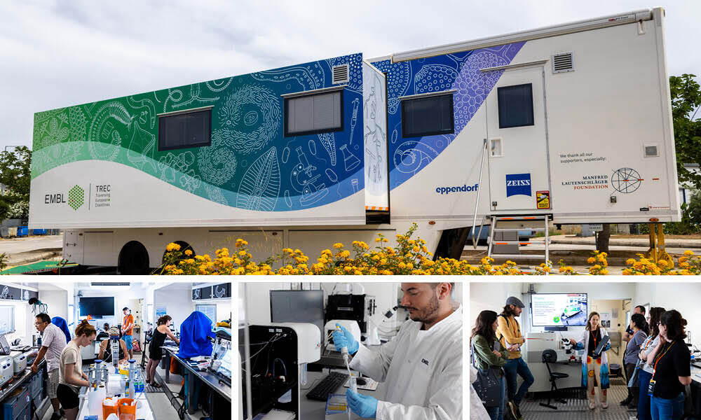 EMBL's mobile lab is in a photo above three others that show within the lab.