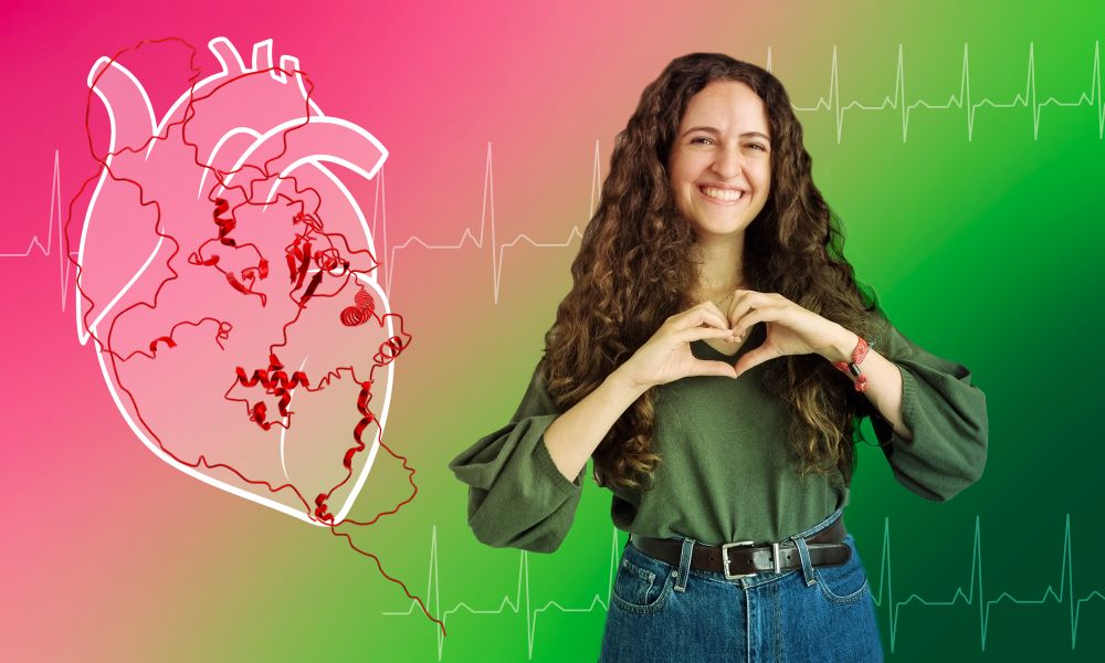 On the left, the molecular structure of the YAP protein overlaid with a drawing of the human heart. On the right, a photo of Maria Costanzo shaping a heart with her palms.