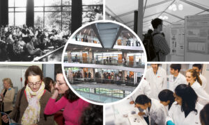 Collage of five images. Top left: People in a seminar hall listening to a lecture. Top right: A male scientist views a scientific poster. Bottom left: Two women looking at a conference programme. Bottom right: A group of scientists in lab coats watching a practical demonstration. Centre: Poster presentations along the helical corridors of EMBL's ATC building.