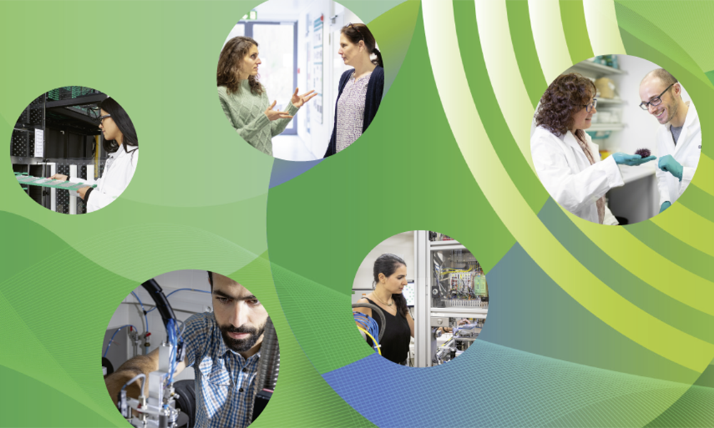 Five circles showing photos of ARISE fellows working in labs against a green background