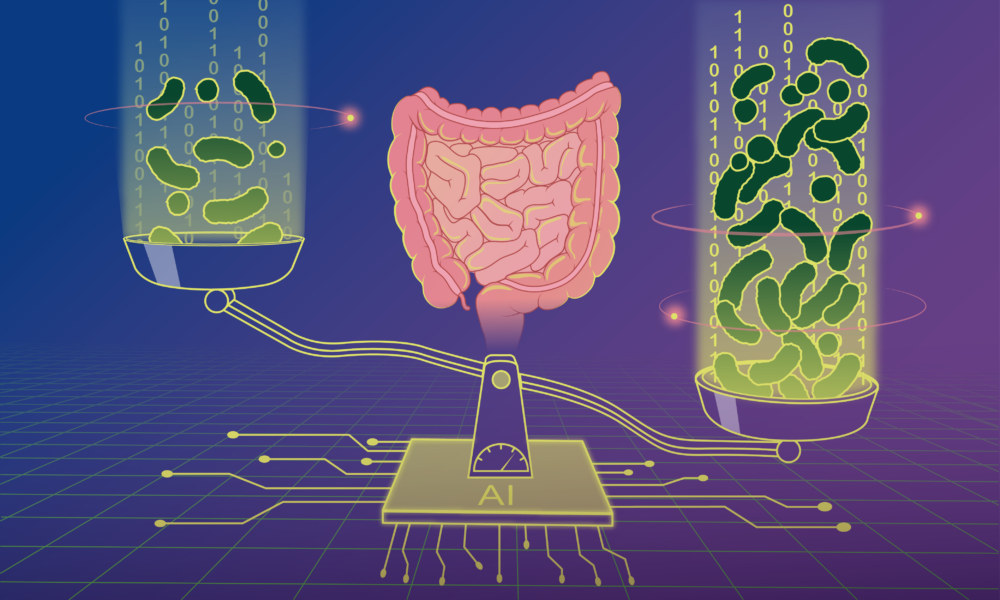 Illustration showing a human gut floating over a scale resting on a microchip labelled ‘AI’. The two sides of the scale show a varying number of bacteria, shown against a backdrop of 0s and 1s.