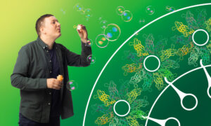 Photo of Veijo Salo (on the left) holding and blowing into an illustrated bubble blower representing the protein seipin, whose structure is depicted three times on the right.