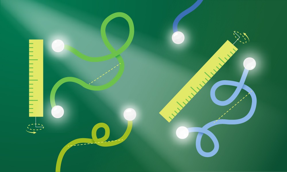 Several curvy strings, representing protein chains, have glowing balls, representing the labels, attached to each other their ends. The distance between the glowing balls is measured by rulers. A ray of light representing X-rays shines at them from the top left.